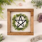 Witchy Decor | Protective pentacle | Painted wooden Sign | Fake spring greenery wreath | Pagan Art |Spring decor